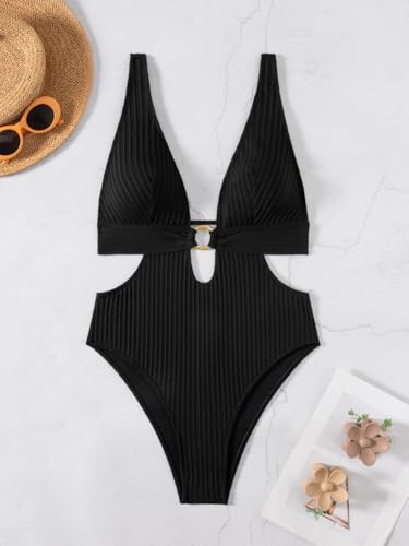 QGIUG Women Sexy High Cut Cheeky One Piece Swimsuits Monokini Plunge V Neck Cutout Bathing Suit Beach Pool Party Rave Outfits Black Medium