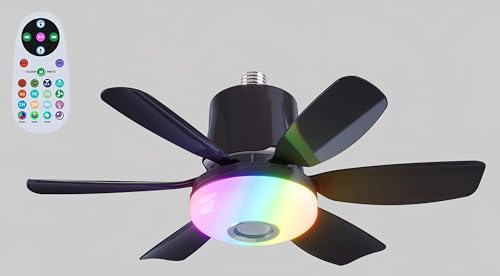 Roadtime 47cm RGB Ventilador de techo con luz, 32W base E27 Ventilador de techo con luz regulable con 3 velocidades, 6 aspas y mando a distancia Admite colores RGB, reproductor de música (Negro)