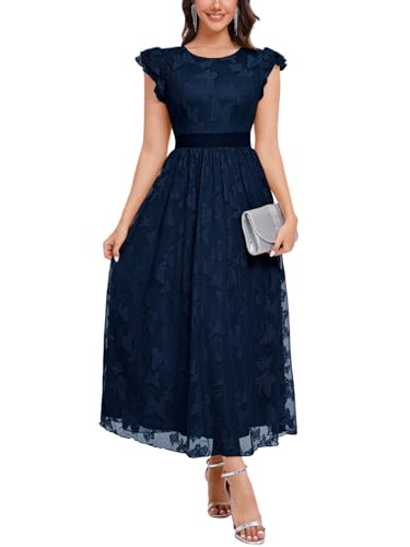 Image of Women's Casual Tulle Midi Dress Ruffle Sleeve Crewneck Lace Flowy Dresses Party Wedding Guest Sundress