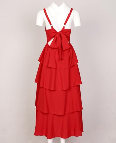 Image of Tiered Ruffle Dress Women Casual Summer Spaghetti Strap Sleeveless Floral Layered Maxi Dress for Women Beach Sundress