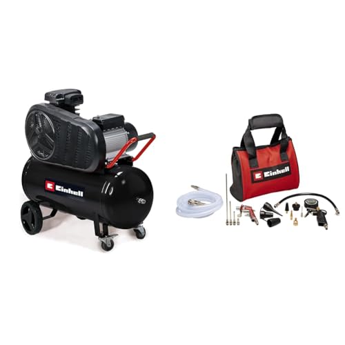 Einhell Kompressor TE-AC 430/50/10 (3000 W, max. 10 bar, 50 L Tank, 430 l/min Ansaugleistung, Motordrehzahl 2850 min^-1, Druckminderer, Manometer, 15-tlg. Druckluftset m. Tasche)