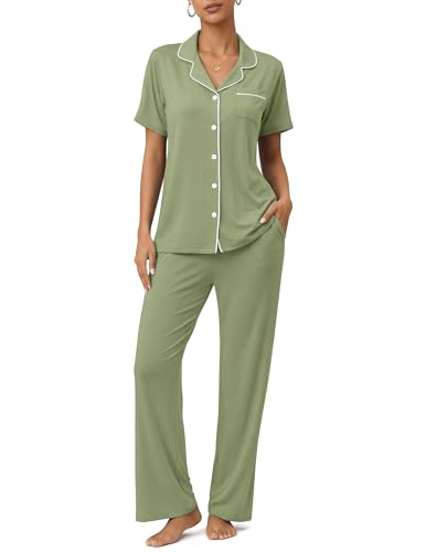 Image of ZMJ Womens Pajamas Sets 2 Piece Button Up Pj Sets Short Sleeve with Long Pant