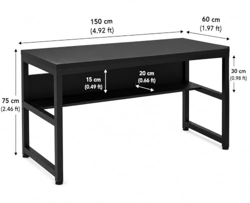 Image of Study Table for Home with Under-Desk Storage Shelf | Wooden Industrial Computer Table for Home Office & Gaming | Rustic Wood & Black Metal Frame | Black | 150x60x75 cm