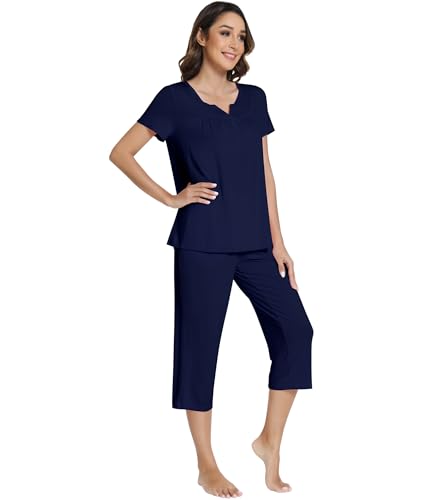 Image of NACHILA Pajamas Set for Women-Viscose Made from Bamboo, Short Sleeve Sleepwear with Capri Pants Pajama V Neck Cool Pjs Navy Blue S