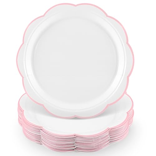 Image of NatNarr 30 Pcs Pink and White Paper Plates, 9 Inch White Plates with Pink Trim Scalloped Paper Plate Disposable for Baby Shower, Wedding, Bridal Shower, Birthday