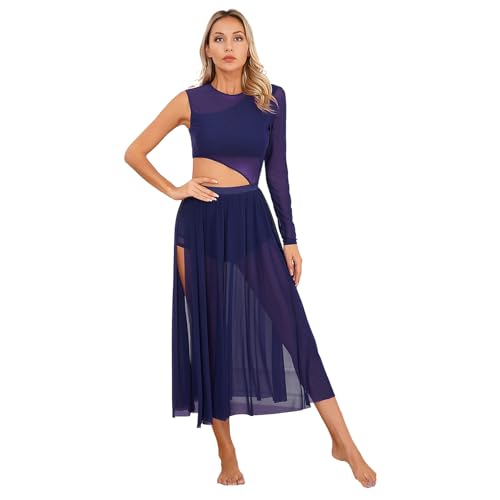 ranrann Femme Robe Danse Classique Manches Asymétrique Robe Danse Latine Salsa Salon Rumba Justaucorps Ballet Tenue Danse Contemporaine Dancewear S-XXL A Bleu...