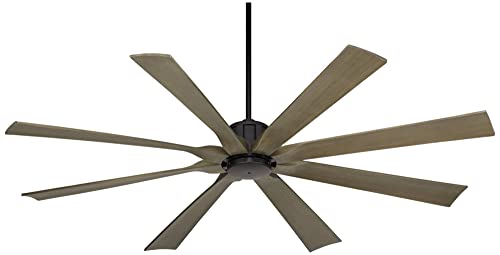 Possini Euro Design 70\" Defender Industrial Rustic Indoor Outdoor Ceiling Fan with Remote Control Matte Black Weathered Oak Damp Rated for Patio Exterior House Home Porch Gazebo Garage Barn Roof