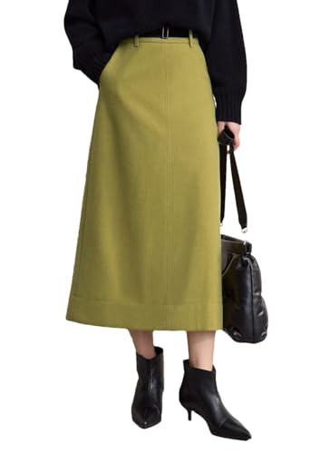 Women Solid Commuter Skirt High Waist Loose Warm Slit Straight Midi Skirts with Belt