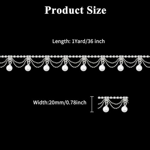 GLOBLELAND 1 Yard Pearl Tassel Rhinestone Fringe Trim Rhinestone Pearl Tassel Chain Diamond Crystal Tassel Fringe Trim for Sewing Crafts Wedding Dress Clothing Accessories DIY Decoration Silver