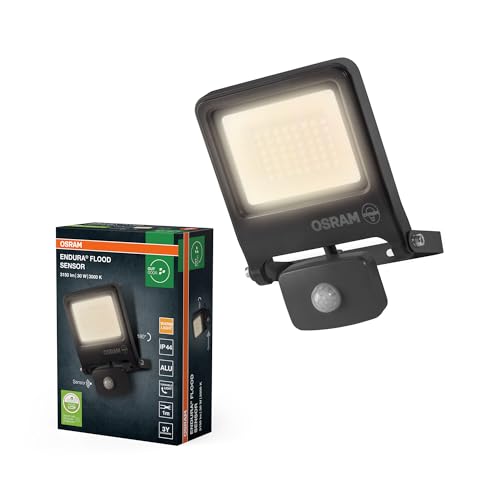 Osram Projecteur Extérieur LED avec Capteur ENDURA Flood, 30W, 3000lm, 3000K blanc chaud, Capteur de Mouvement 9m, Aluminium, IP65