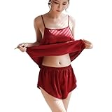 [Agnel x] セクシー ランジェリー 下着 インナー ベビードール 誘惑下着 ハーフスリップ ショーツ 2点セット スリップ キャミソール ネグリジェ ナイトウェア サテン コスプレ 透ける 過激 変態レディース X059 (ワインレッド, Free)