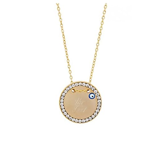 Remi Bijou Halskette MIT Gravur - Gravurplatte 2,5 cm mit Strasssteinen Blaues Auge Nazar Boncuk, ColorName:Gold