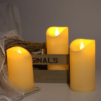 Image of CANDLE CHOICE Outdoor Battery Operated Flameless Candles with Remote Timer Waterproof Flickering Plastic Electric LED Pillar Lights for Lantern Patio Garden Wedding Party Decoration 3 inchx5 inch,6 inch,7 inch 3 Pack