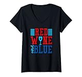 Damen Rotwein und Blau 4. Juli USA Flagge Patriotisch lustig T-Shirt mit V-Ausschnitt