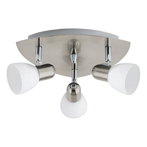 EGLO Deckenlampe Enea, 3 flammige Deckenleuchte, Deckenstrahler aus Metall in Nickel-Matt, satiniertes Glas in Wei&szlig;, Wohnzimmerlampe, Spots mit E14 Fassung
