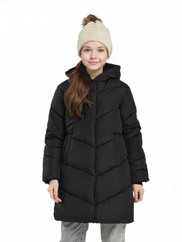 Sunny Sprout Winterjacke mit Kapuze für Mädchen - Lange gefütterte Pufferjacke mit winddichten Ärmeln für Kinder Schwarz 164
