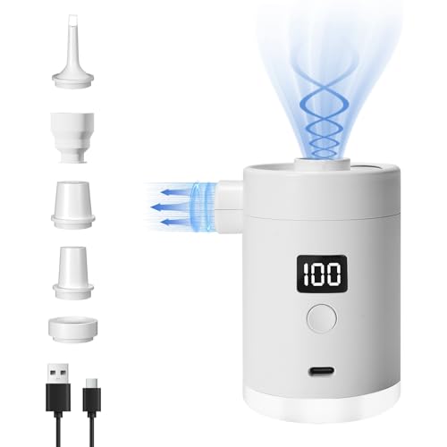 Portabler Elektrische Luftpumpe Pumpe: 4000mah Typ-C Aufladbare Akku-Powered Ultra-Mini Electric Air Pump mit 5 Düsen & Camping-Lampe für Luftmatratzen Pool-Flöße Rettungsbojen (Weiß)