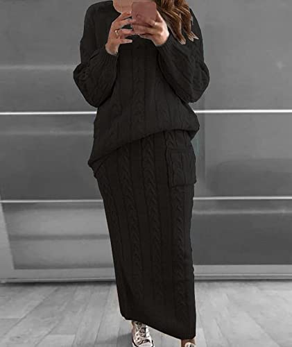 Image of Sexyshine Women's Cable Knit Long Skirt 2 Piece Outfit Chunky Oversized Pullover Sweater Top and Long Pencil Skirt Sets