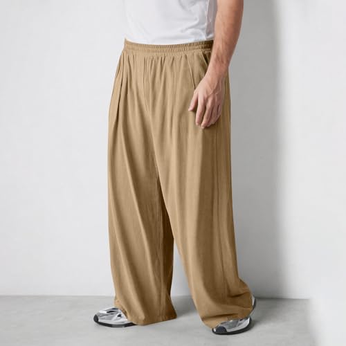 Linen Pants Men Wide Leg Lightweight Casual Summer Beach Pants Baggy Elastic Waist Yoga Vacation Trousers with Pocket2