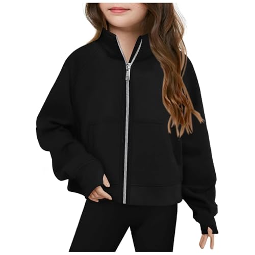 Girls Full Zip Sweatshirt No Hood Fall Fashion Long Sleeve Stand Collar Jackets Fleece Coat With Thumb Hole & Pockets