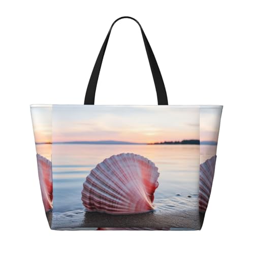 seashells on the beach Print Large Capacity Foldable Washable Zipper Beach Travel Tote Bag ShoppingBag2