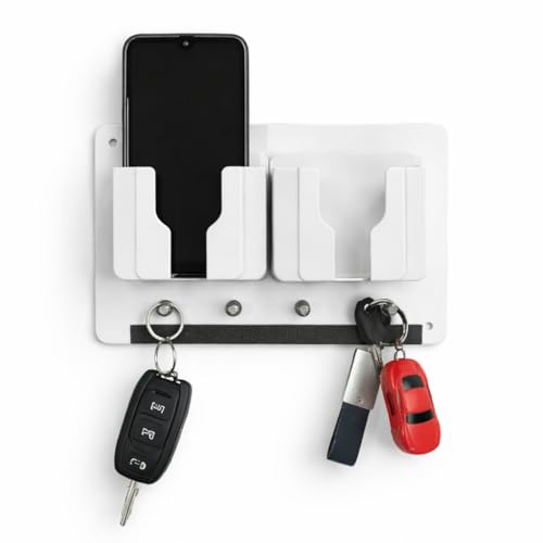 Image of Rainbow Dots Wall Mounted Key Holder with Mobile Stand | No Drilling 3M Adhesive | Phone & Key Organizer with 5 Hooks | ABS & Acrylic | for Home Entrance(2 White Mobile)