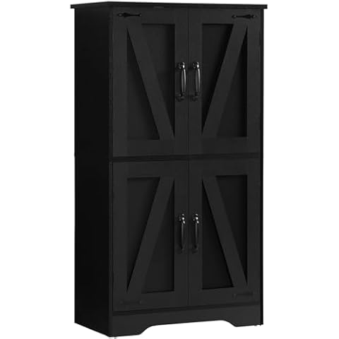 WEENOFN Farmhouse Storage Cabinet with 2 Adjustable Shelves, Bathroom Storage Cabinet with 4 Doors, Cupboard for Kitchen, Living Room, Black Cover