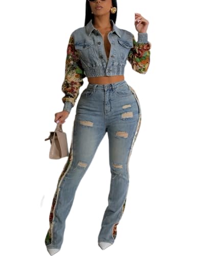 ksotutm 2 Piece Set for Women Long Sleeve Jean Jacket Top and Ripped Jeans Denim Set Patchwork Denim Outfit