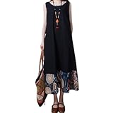 [1/2plus] ニブンノイチプラス ワンピース ロング 丈 ノー スリーブ a ライン エスニック 柄 切り替え 夏 ゆったり 体型 カバー 大人 カジュアル 旅行 リゾート 4色 展開 レディース (黒,M)