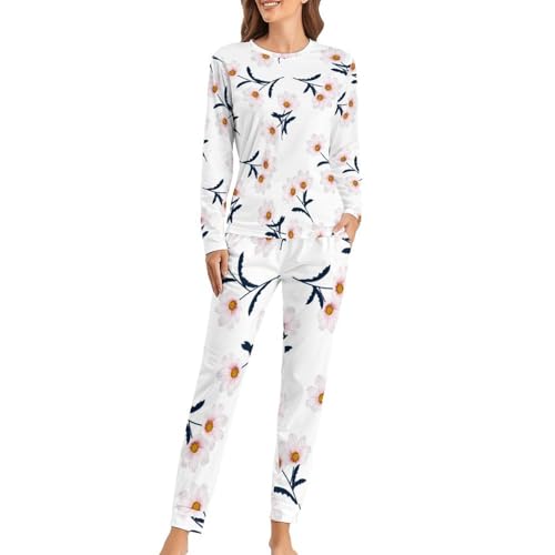 Pyjama femme fleurs blanches ensemble haut manches longues et pantalon sleepwear