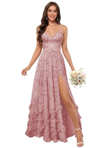 Dessiny Spaghetti Straps Floral Print Bridesmaid Dresses with Slit V Neck Tiered Formal Evening Dress DE581