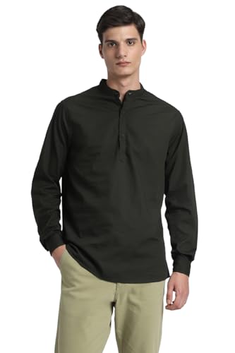 Image of Dennis Lingo Men's Cotton Solid Slim Fit Mandarin Collar Full Sleeves Casual Shirt