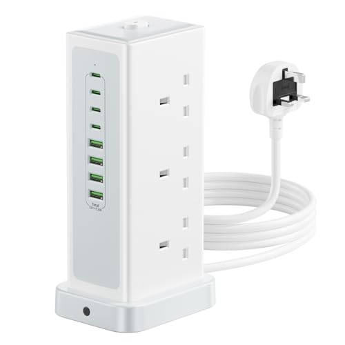 Tower Extension lead with USB Slots,6 Way (13A/3250W) Plug Extension Socket with 4 USB C & 4 USB A, Overload Protection Power Strip with Switch 1.8M Extension Cable for Office, Home, Kitchen