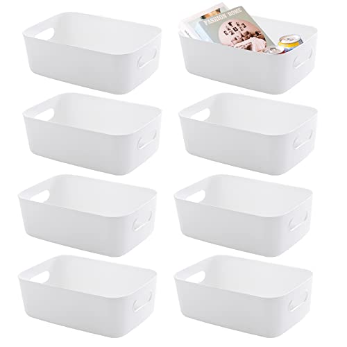 White Plastic Storage Baskets 8 Pack, Small Pantry Baskets for Organizing, Organizer Basket Bins for Shelves, Organizer and Storage for Bathroom, Bedrooms, Kitchens (Large)
