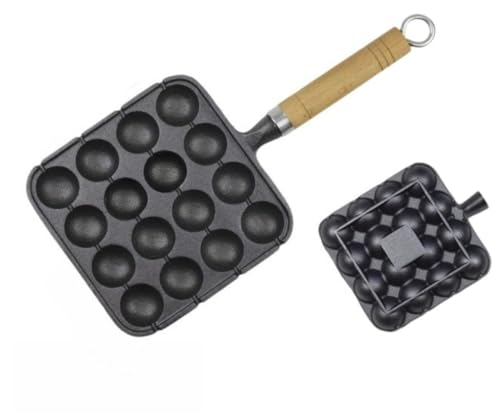 Hrzisda たこ焼きプレート、たこ焼き器、南部鉄器、軽量、無塗装、様々な火源に対応、7/12/穴、小鉢、朝食、肉焼き鍋、キャンプ、おやつスティック (平底木製ハンドル、16穴、スチール針、竹串、オイルブラシ、ウズラバサミ)