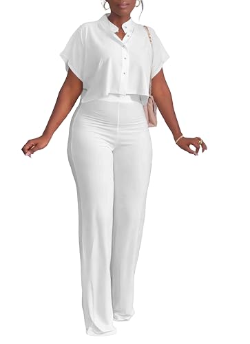 HBQ Women's Summer 2 Piece Outfits Casual Tracksuit Short Sleeve Button Down Crop Top Wide Leg Long Pant Lounge Sets
