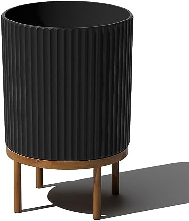 Veradek Demi Series Round Planter w/Stand for Porch/Patio | Durable Plastic-Stone Composite & Wooden Stand | Modern Décor for Tall Plants, Flowers
