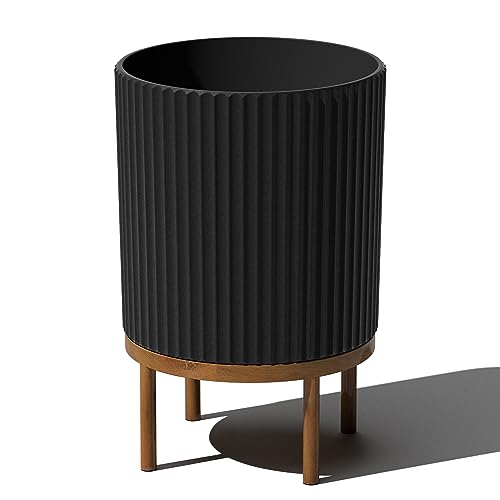 Veradek Demi Series Round Planter w/ Stand for Porch/Patio | Durable Plastic-Concrete & Wooden Stand | Modern Décor for Tall Plants, Flowers