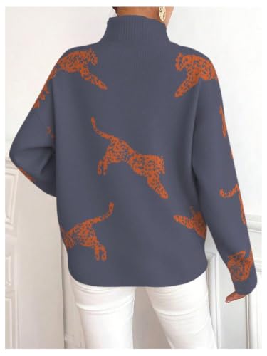 Image of WDIRARA Women's Leopard Tiger Print Sweater High Neck Long Sleeve Fuzzy Knitted Pullover Top
