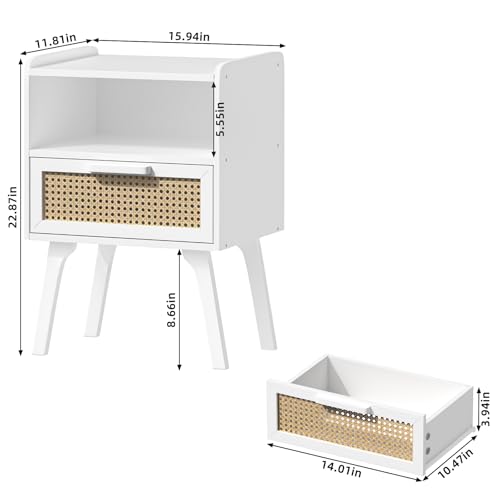 Image of Lerliuo Rattan Nightstand, Bedside Table with Drawer Open Shelf | Cane Accent Side End Table with Solid Wood Legs, White Mid Century Night Stand for Bedroom, Dorm and Small Spaces