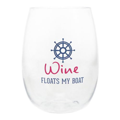Pavilion Gift Company - Wine Floats My Boat - 14 Oz Stemless Wine Glass Tritan Cup Helm Boater Boating Beach Seaside Waterfront Ocean Vacation Souvenir Lake Lover Housewarming Gift Present
