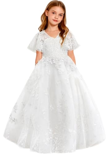 Lace First Communion Dress Ruffle Sleeves Flower Girl Dresses for Wedding Girls Pageant Ball Gown