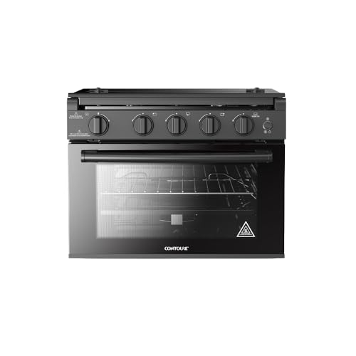 CONTOURE RAPIDCOOK 17” RV Gas Range with Oven – 3 Burner Propane Stove, Flame Failure Safety, 8,300 BTU Burner, 35L Oven, Glass Cover, LED Knobs – Black (AA-17BK)