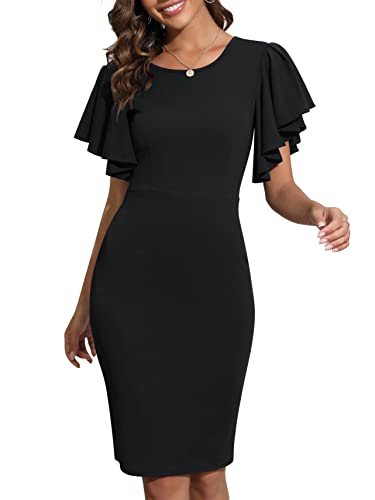 Yathon Women's Wedding Guest Dresses Summer Sexy V Back Short Ruffle Sleeve Below Knee Length Prom Work Casual Dress With Zipper (Yt216-Black,S) #TOP19