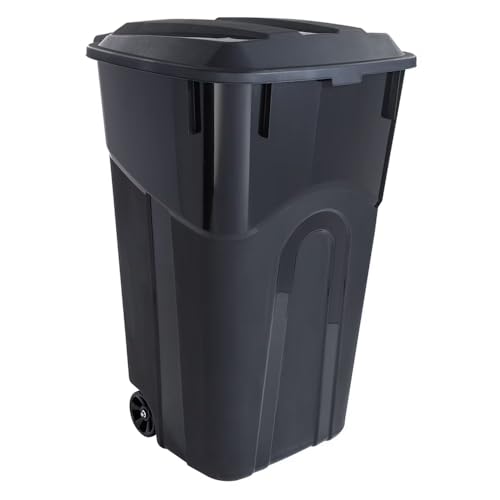 32-Gallon Wheeled Heavy-Duty Plastic Garbage Can with Attached Lid, Black