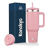 Konokyo 40 oz Tumbler with Handle and 2 Straws,2 in 1 Lid Insulated Water Bottle Stainless Steel Travel Coffee Mug,Pink