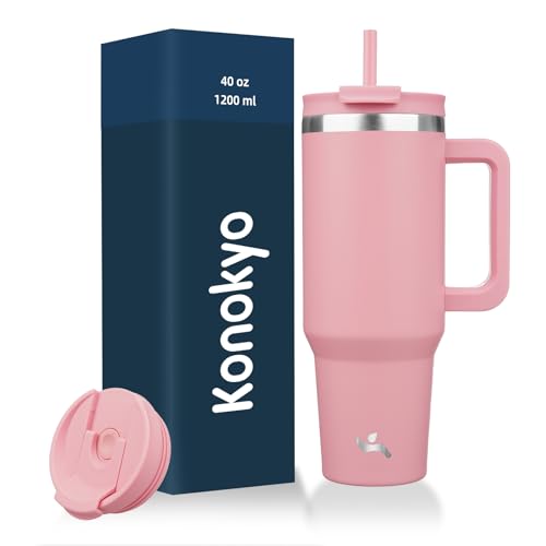 Image of Konokyo 40 oz Insulated Tumbler Water Bottle with Handle, Straw Lid | BPA-free and dishwasher safe; made for gym, travel, coffee and gifting, 2 straws, cup holder friendly,Pink