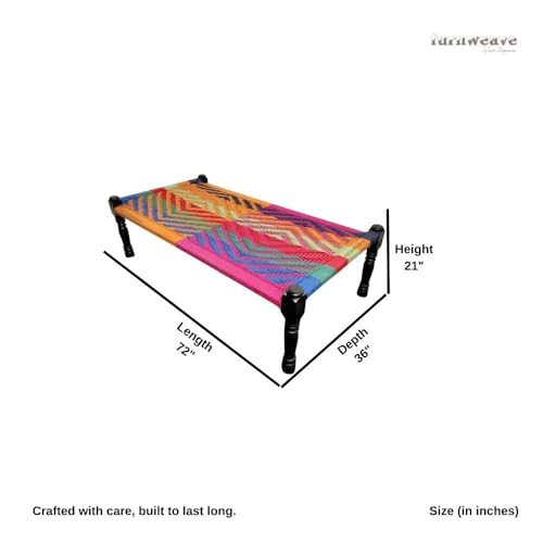 Image of Solid Sheesham Wood Charpai Khat Bed | Wooden Khatiya Charpai Desi | Handcrafted Khatiya Bed with Cotton Rope | Strong Khat for Indoor & Outdoor Use | 6X3 Feet | Blue-Multi