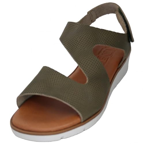 Sandales en cuir kaki femme à semelle souple et maintien Velcro ajusté