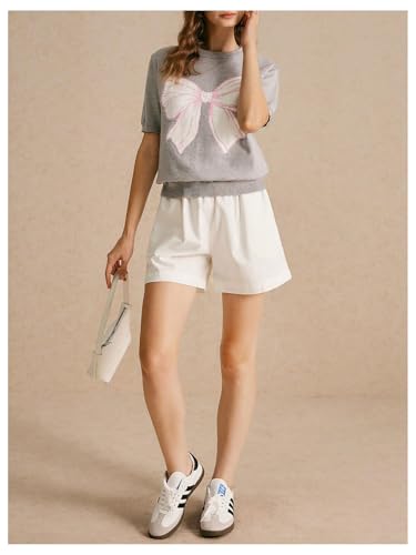 Image of BEAUDRM Women's Bow Short Sleeve Sweater Crewneck Knitted Pullover Cropped Tops Chunky Sweater Shirt Grey Small